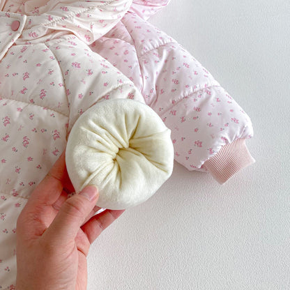 2025 Winter Girls’ Floral Cotton Coat Hooded Padded Jacket with Bow Decor