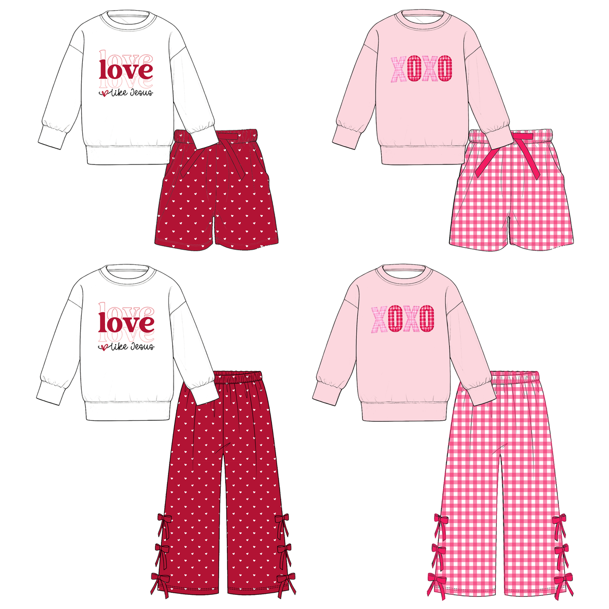 Girls Valentine's Day XOXO & Love Like Jesus Printed Outfit Set – Long Sleeve Sweatshirt with Gingham Shorts or Bow Detail Pants