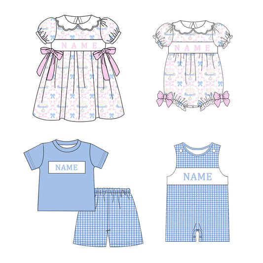 Kids Birthday Custom Name Embroidery Bow Cake Blue Sibling Clothes