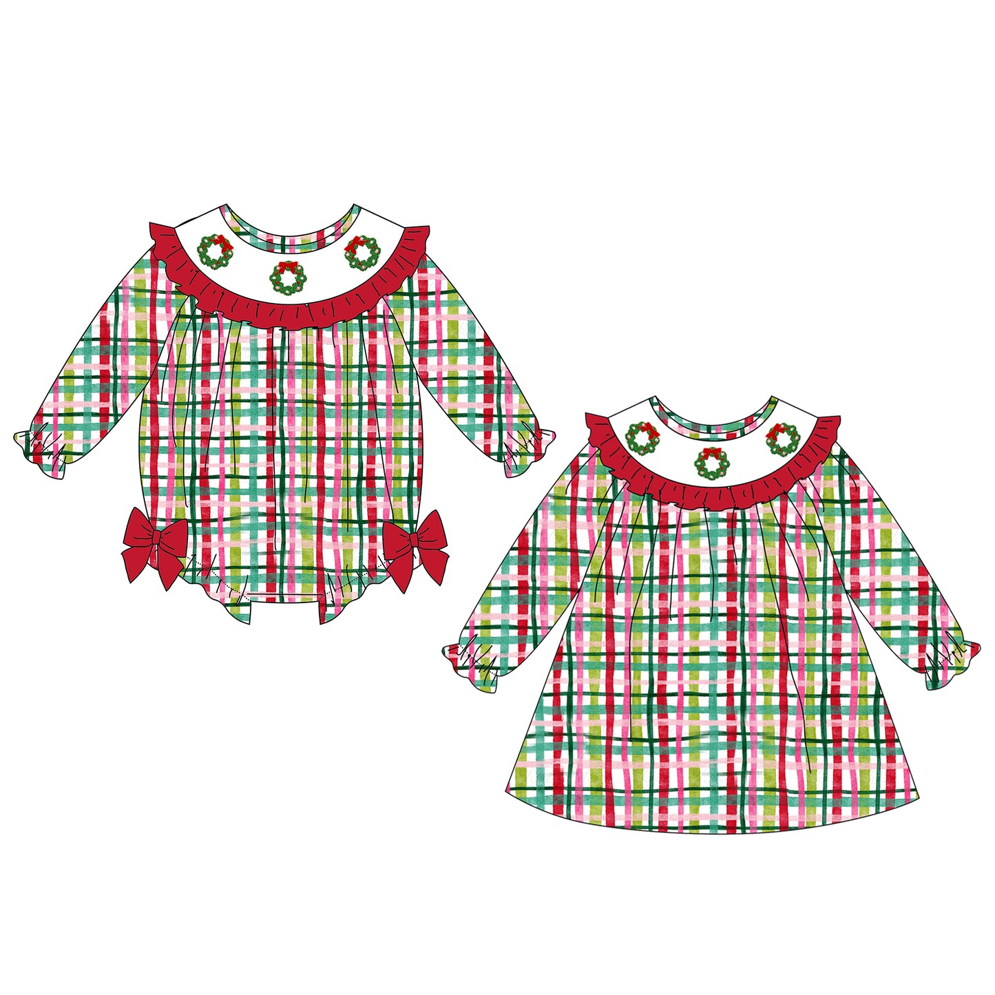 Girls Christmas Red Green Plaid Garland Embroidery Smock Clothes
