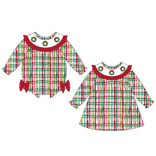 Girls Christmas Red Green Plaid Garland Embroidery Smock Clothes