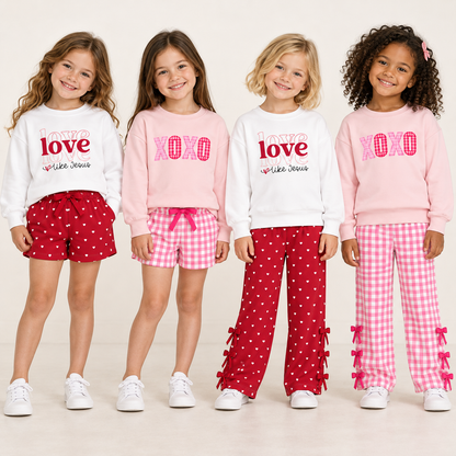 Girls Valentine's Day XOXO & Love Like Jesus Printed Outfit Set – Long Sleeve Sweatshirt with Gingham Shorts or Bow Detail Pants