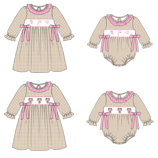 Christmas Reindeer Santa Embroidery Smock Plaid Dress Romper Collection