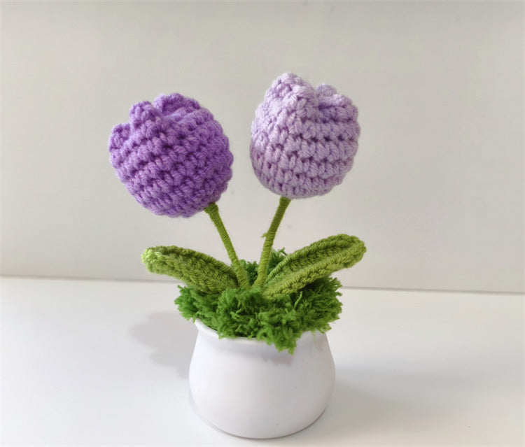 Handmade Knitted Flower Pot – Yarn Sunflower, Carnation & Tulip Desk Decor