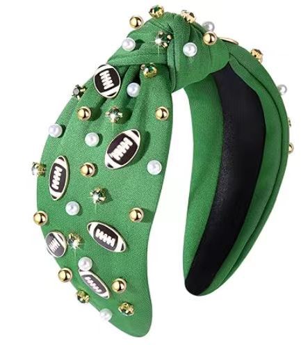 American Football Top Knot Headband with Pearls & Rhinestones – Wide Hair Accessory, Game Day Gift for Fans