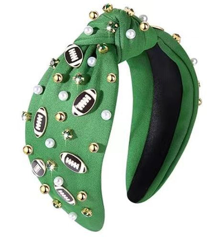 American Football Top Knot Headband with Pearls & Rhinestones – Wide Hair Accessory, Game Day Gift for Fans