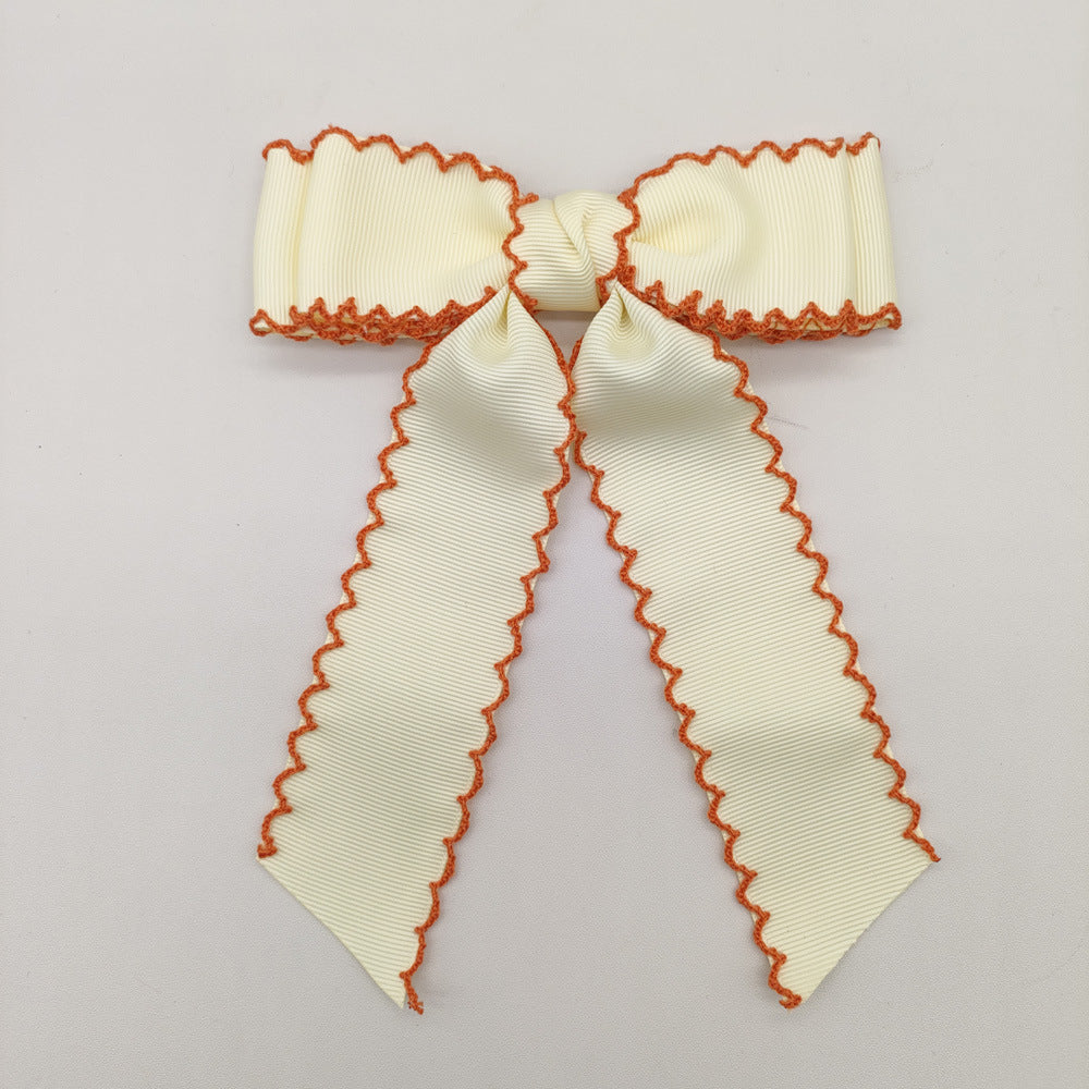 Girls Grosgrain Ribbon Bow Hair Clip – Contrast Scalloped Stitching & Long Ribbon Tails