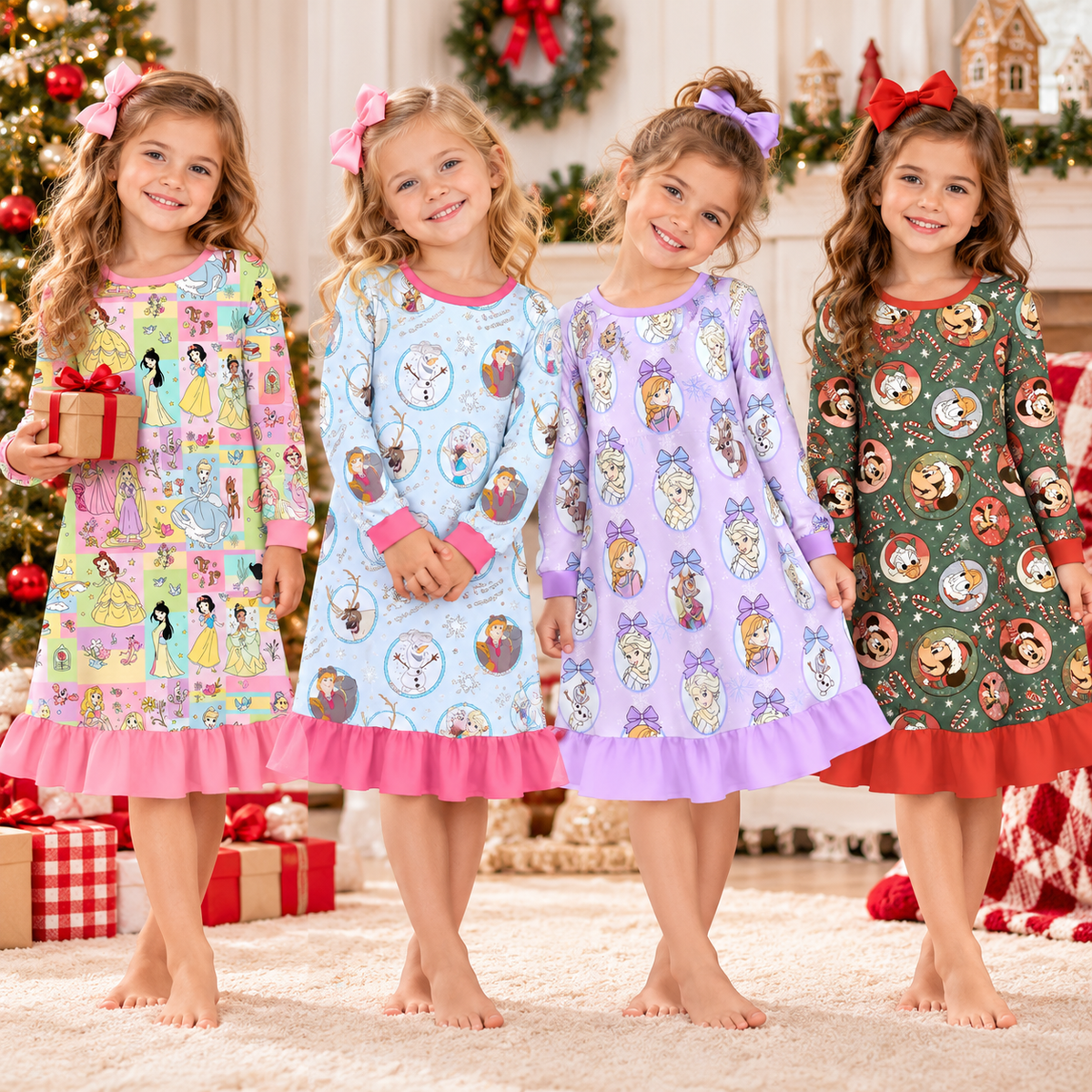 Girls Christmas Character Print Long Sleeve Nightgown – Princess Snowflake Holiday Ruffle Hem Sleep Dress