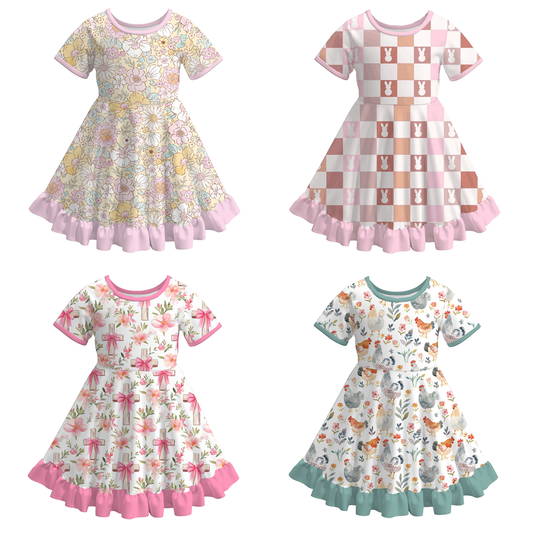 Spring Girls Easter Bunny Floral Chick Pattern Ruffles Dress