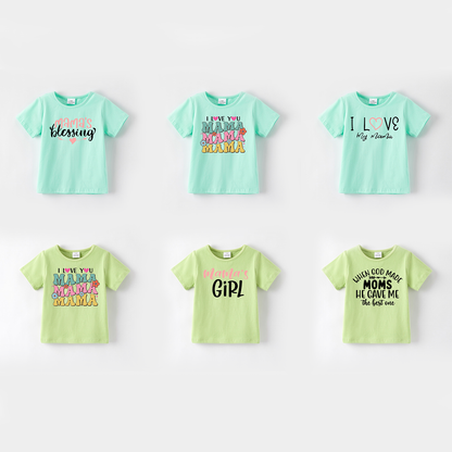 Girls Mother's Day Print Blue Green Cotton T-Shirt