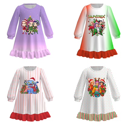 Girls Fall Kpop Demon Hunter Print Long Sleeves Twirl Dress