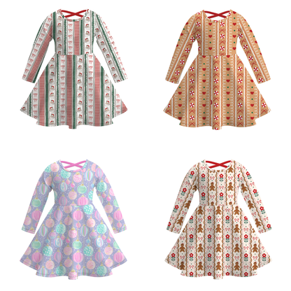 Girls Christmas Santa Gingerbread Long Sleeves Twirl Dress