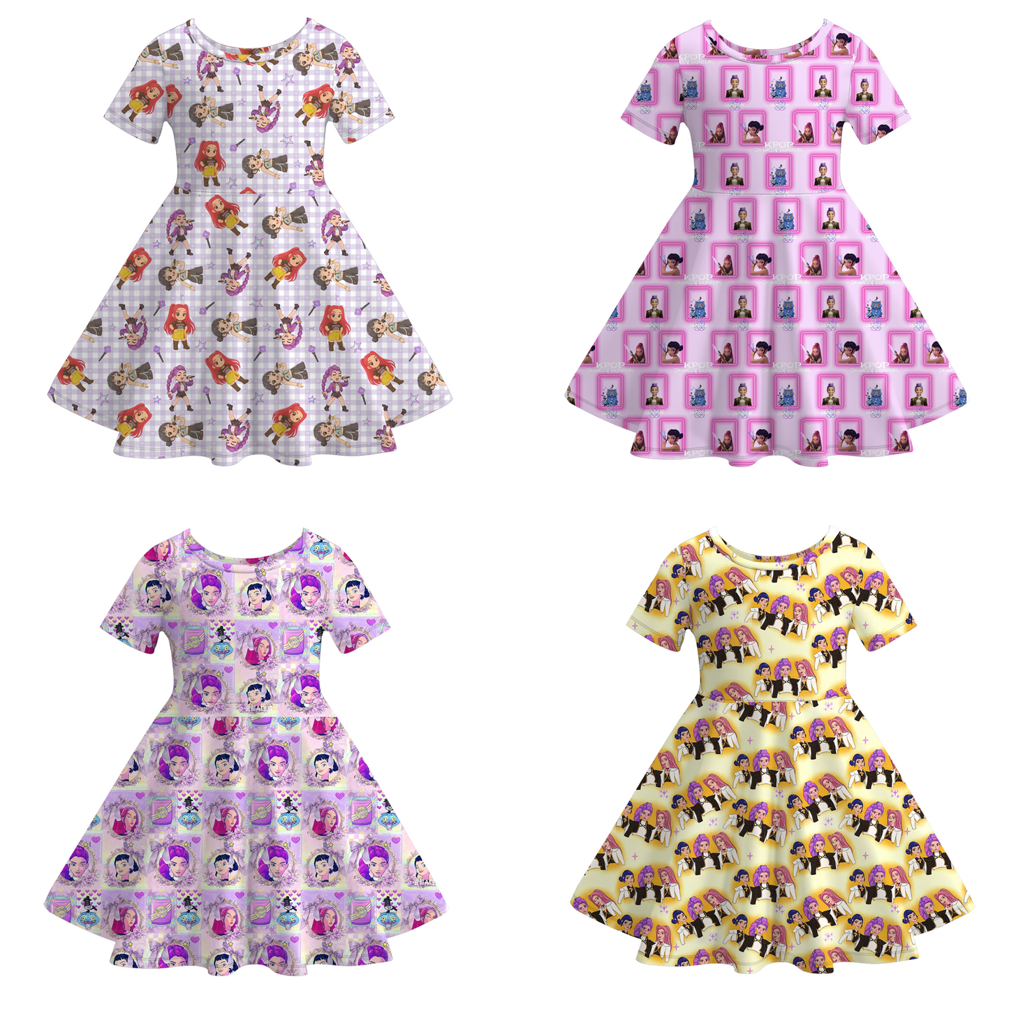 Girls Summer Kpop Demon Hunter Short Sleeves Twirl Dress