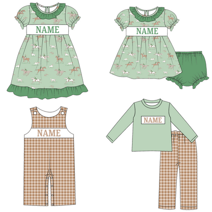 Kids Fall Custom Name Embroidery Green Orange Plaid Sibling Clothes