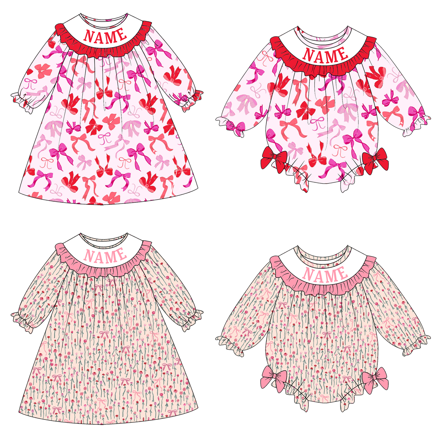 Valentine's Day Bow Floral Custom Name Smock Embroidery Collection