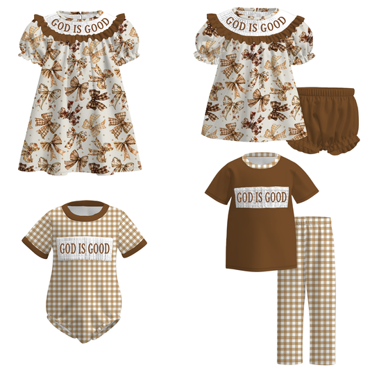 Kids Fall GOD IS GOOD Embroidery Brown Bow Plaid Sibling Clothes