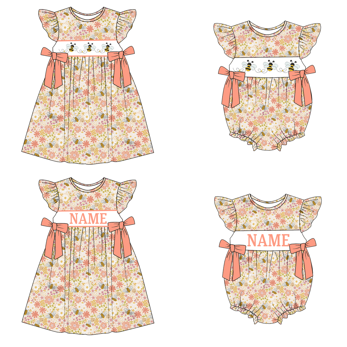 Spring Summer Floral Bee Custom Name Smocked Embroidered Collection