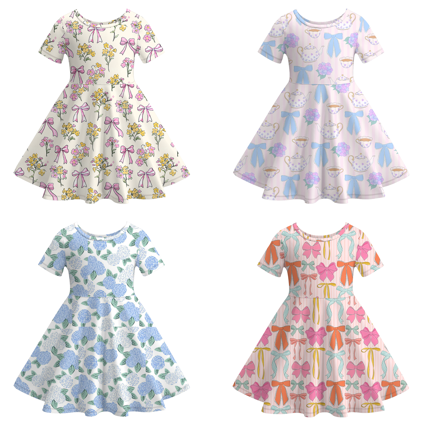 Girls Summer Color Bow Print Short Sleeves Soft Dress