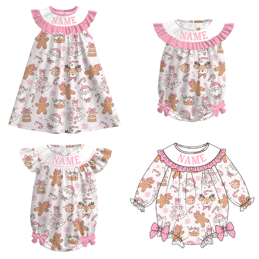 Girls Christmas Gingerbread Santa Custom Name Dress & Romper
