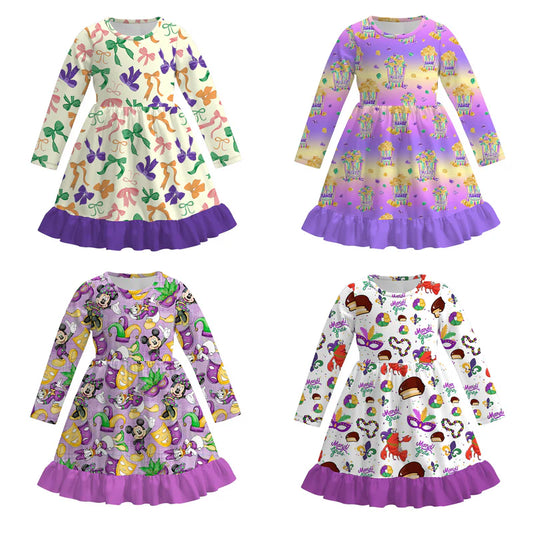 2026 Mardi Gras Print Cute Girls Long Sleeves Twirl Dress