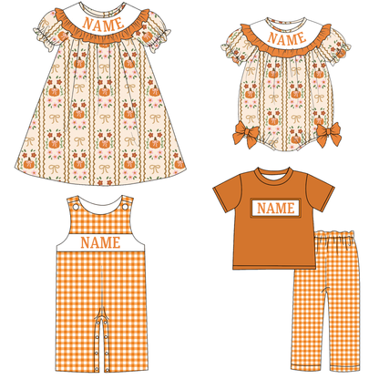 Kids Fall CUSTOM NAME Embroidery Orange Pumpkin Sibling Clothes
