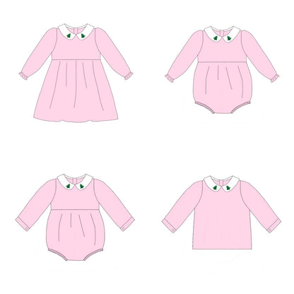 Pink Corduroy Christmas Tree Embroidery Sibling Clothes
