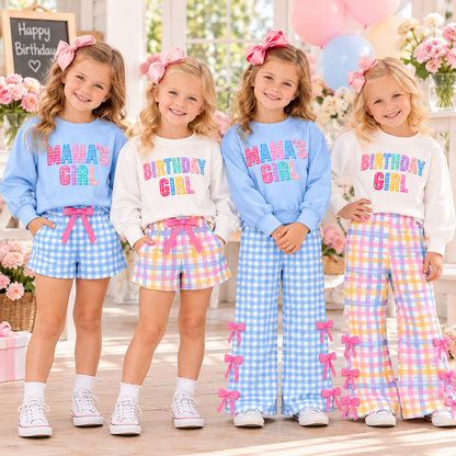 Girls Mama's Girl & Birthday Girl Printed Outfit Set – Long Sleeve Sweatshirt with Gingham Shorts or Bow Detail Wide Leg Pants