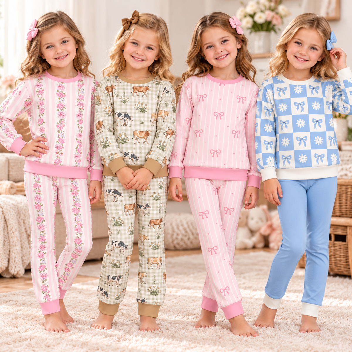 Girls Fall Winter Cute Printed Long Sleeve Outfit Set – Floral Cow Bow Striped Sweatshirt & Pants 2-Piece Set