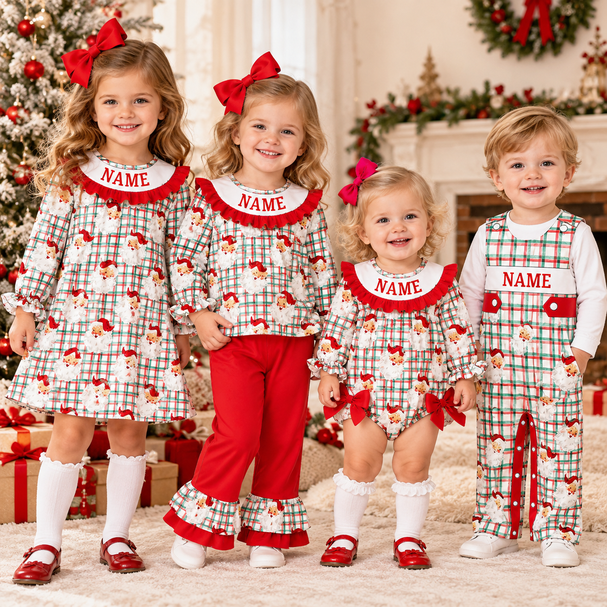 Personalized Christmas Santa Smocked Embroidery Sibling Collection – Custom Name Girls Dress, Ruffle Set & Baby Romper