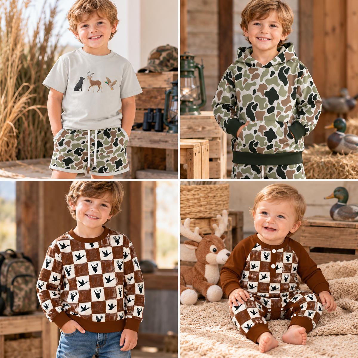 Boys Fall Winter Hunting Camo Printed Collection – Duck Deer Print Short Sleeve Shorts Set, Camouflage Hoodie, Long Sleeve Sweatshirt & Baby Romper