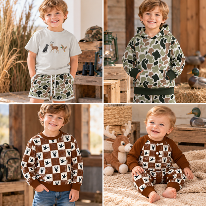 Boys Fall Winter Hunting Camo Printed Collection – Duck Deer Print Short Sleeve Shorts Set, Camouflage Hoodie, Long Sleeve Sweatshirt & Baby Romper