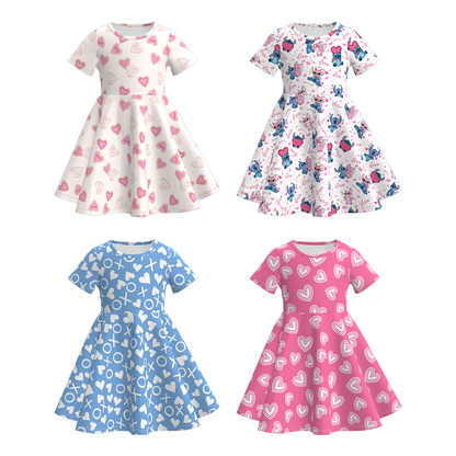 2026 Valentine's Day Cartoon Heart Print Short Sleeves Twirl Dress
