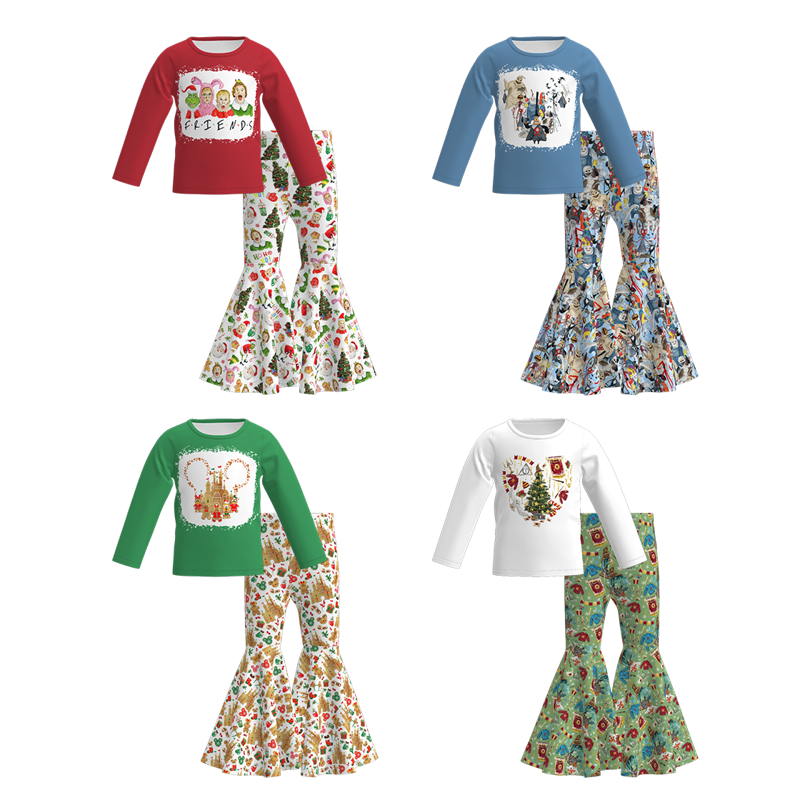 Girls Christmas Cartoon Print Long Sleeves Bell Pant Set