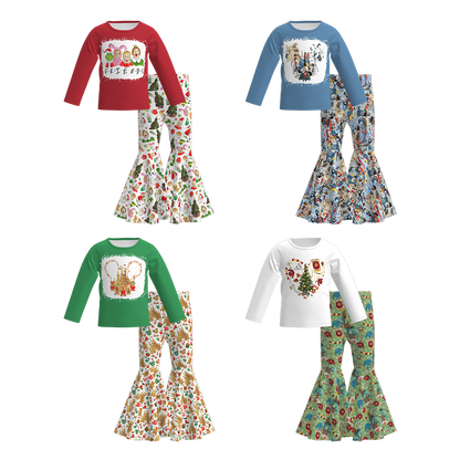Girls Christmas Cartoon Print Long Sleeves Bell Pant Set