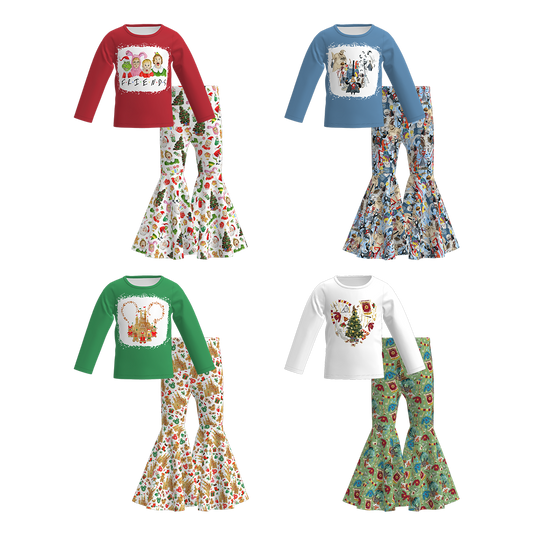 Girls Christmas Cartoon Print Long Sleeves Bell Pant Set