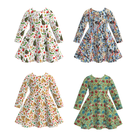 Girls Christmas Halloween Fall Print Long Sleeves Twirl Dress