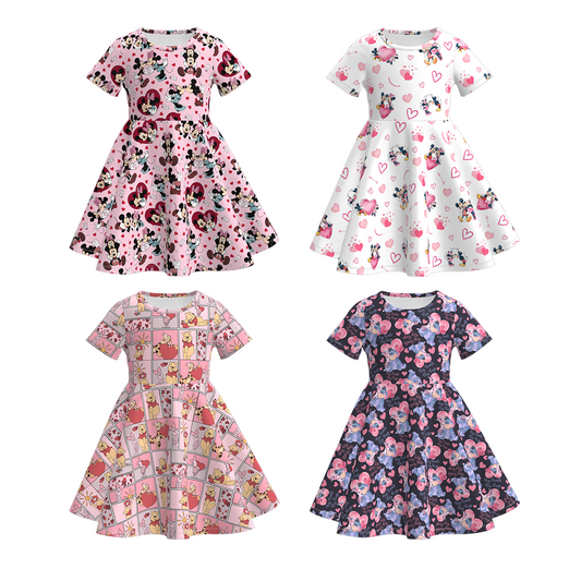 Valentine's Day Character Print Short Sleeves Girls Twirl Dress