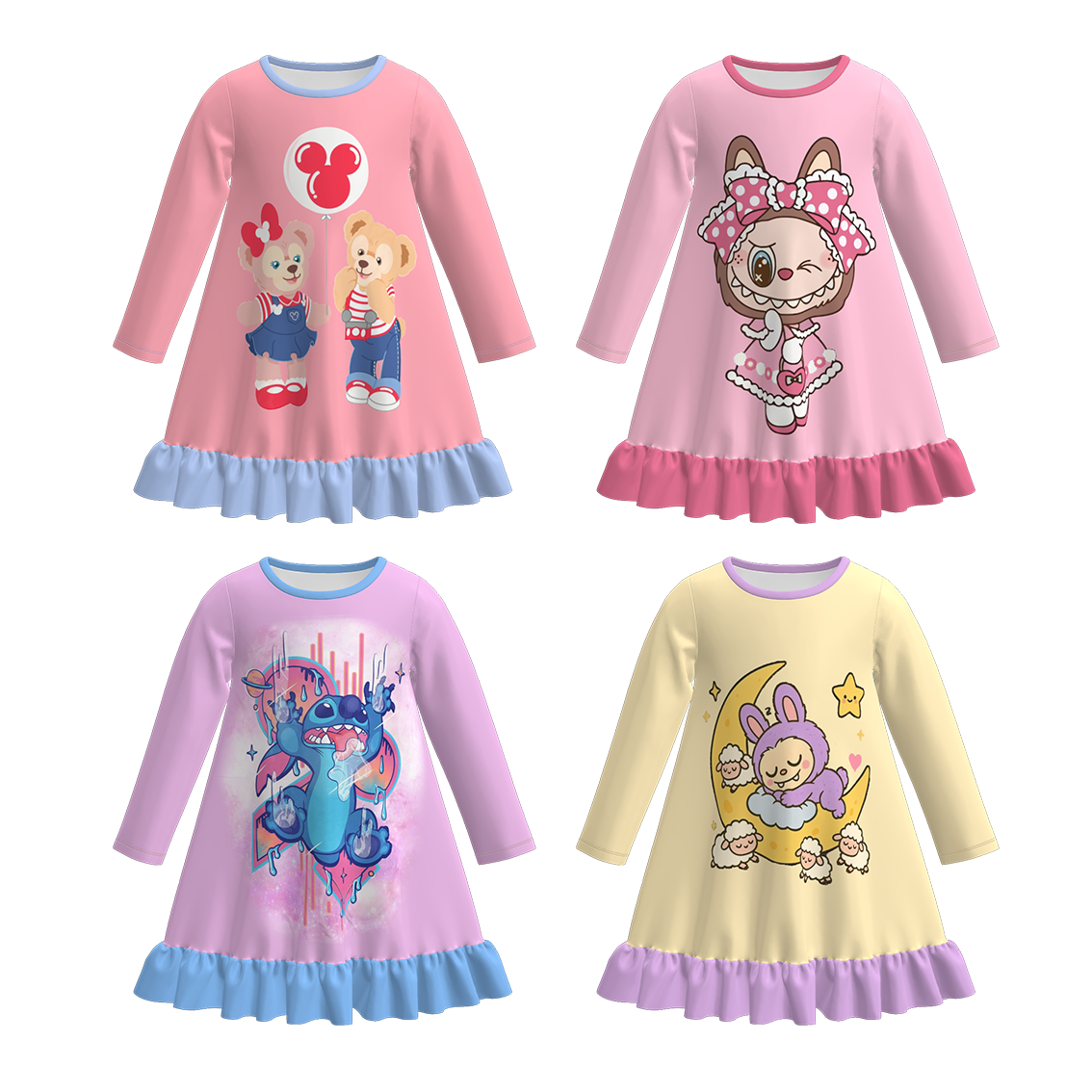 Girls Cartoon Bear Labubu Fall Winter Pajamas Dress Sleepwear