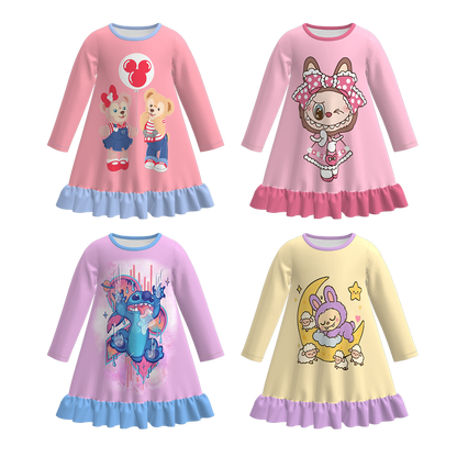 Girls Cartoon Bear Labubu Fall Winter Pajamas Dress Sleepwear