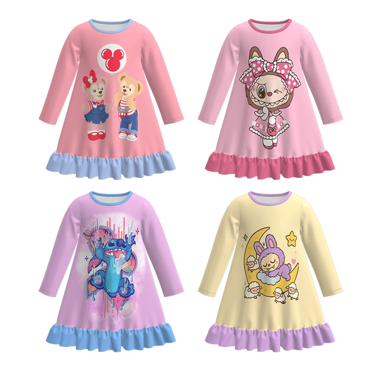 Girls Cartoon Bear Labubu Fall Winter Pajamas Dress Sleepwear
