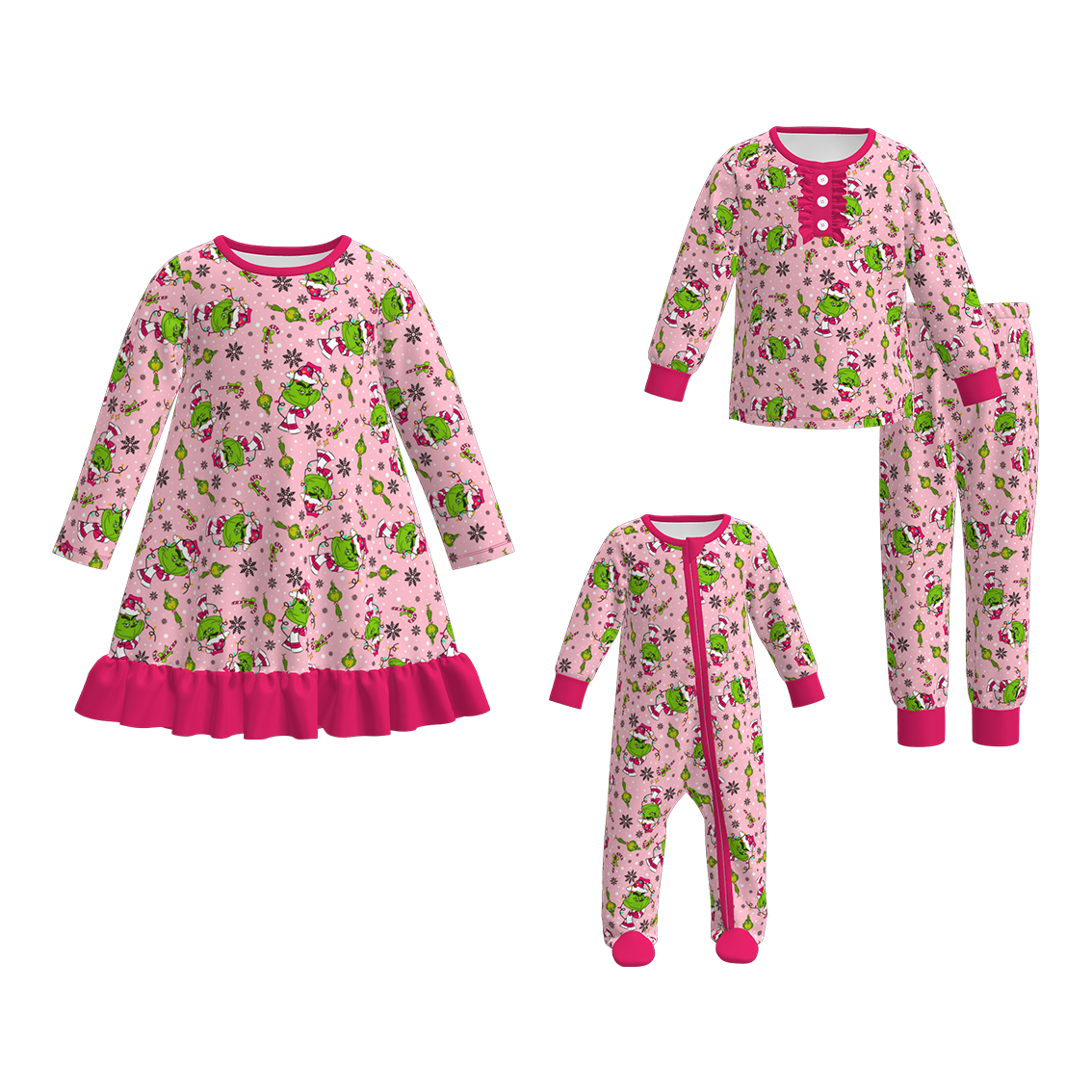 Christmas Kids Matching Pamajams Outfits – Pink Grinch Print Set