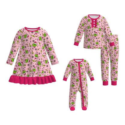 Christmas Kids Matching Pamajams Outfits – Pink Grinch Print Set