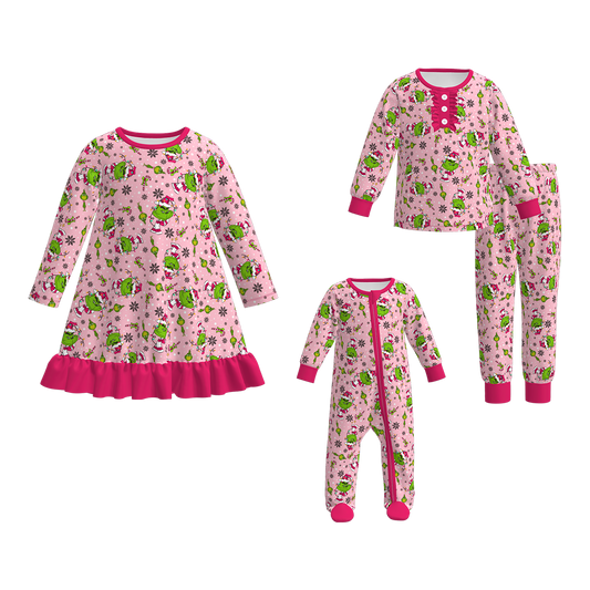 Christmas Kids Matching Pamajams Outfits – Pink Grinch Print Set