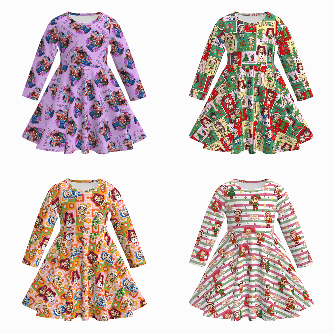 Kpop Demon Hunter Cartoon Print Long Sleeves Girls Twirl Dress