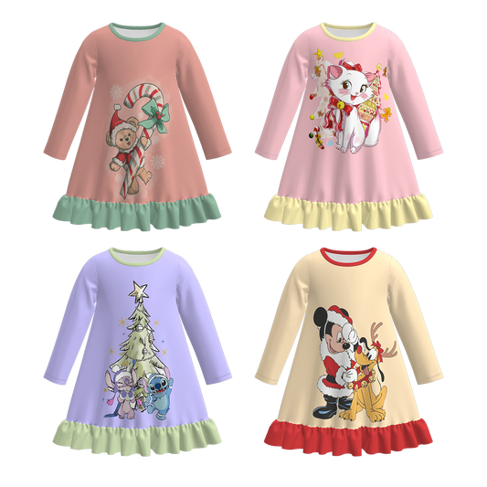 Girls Fall Winter Cartoon Print Cute Sleepwear Pajamas Dress