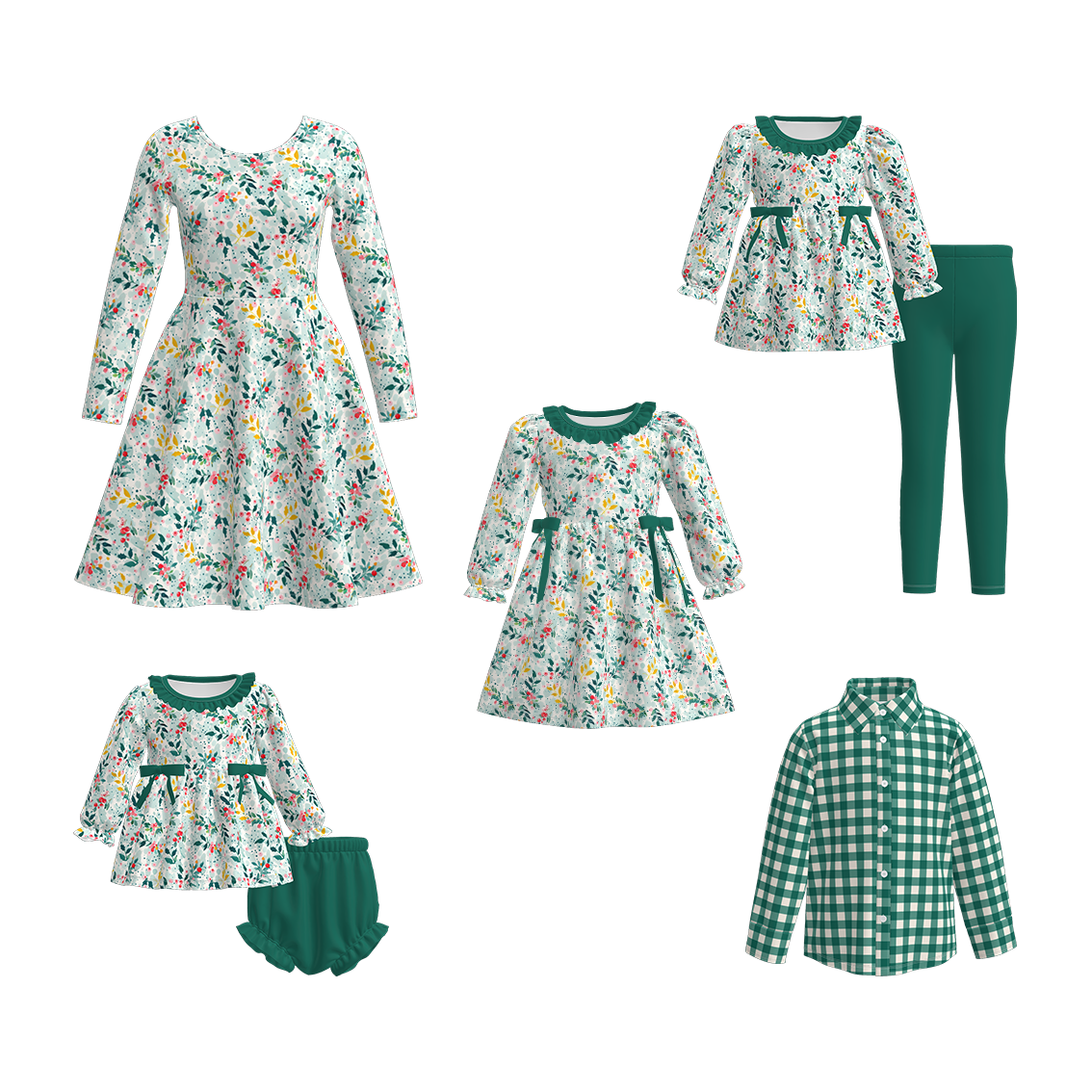 Christmas Family Outfit Collection – Green Floral & Plaid Matching Set