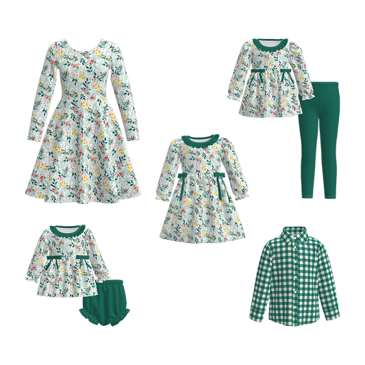 Christmas Family Outfit Collection – Green Floral & Plaid Matching Set
