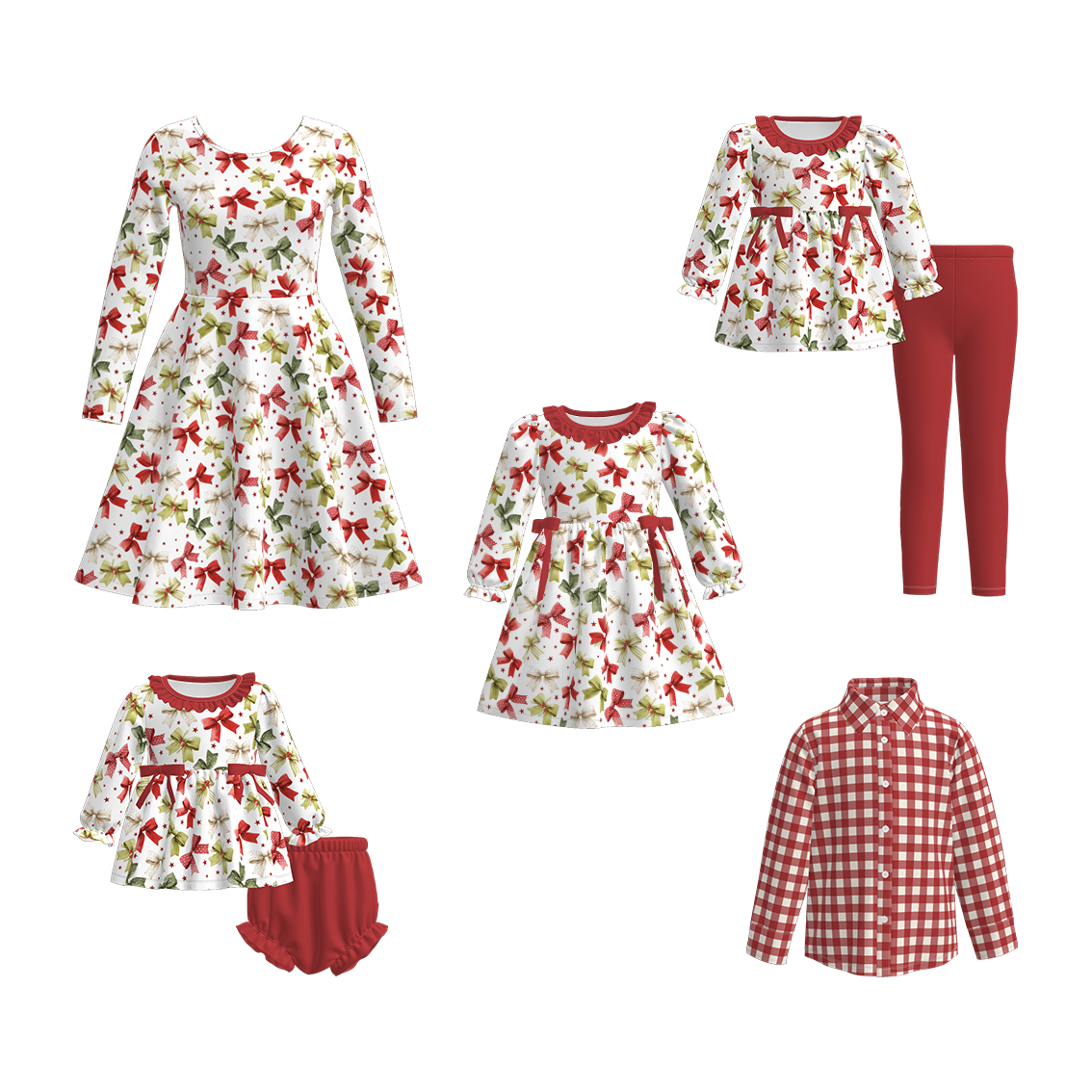 Christmas Family Outfit Collection – Red Green Bow & Plaid Matching Set