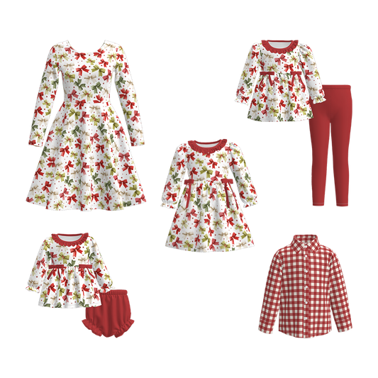 Christmas Family Outfit Collection – Red Green Bow & Plaid Matching Set