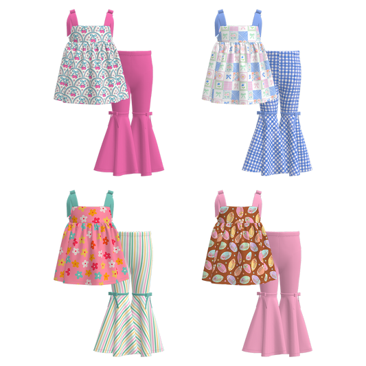 Girls Summer Milk Silk Cute Print Slip Top Bell Pant Set